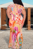 Blue Floral Print V Neck Short Sleeve Lace Up Plus Size Bodycon Maxi Dresses