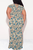 Blue Floral Print V Neck Short Sleeve Lace Up Plus Size Bodycon Maxi Dresses