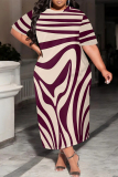 Brown Geometric Stripe Gradient Print O Neck Short Sleeve Casual Loose Plus Size Maxi T-shirt Dresses