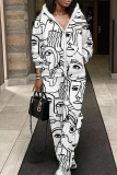 White Graphics Print Zipper Hooded Long Sleeve Sweatshirt and Skinny Pants Casual Sportwear Matching Sweatsuit Set
