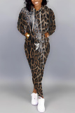 Leopard Print Long Sleeve Hooded Sweatshirt and Skinny Pants Casual Sportwear Matching Sweatsuit set