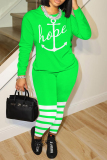 Dark Blue Striped Letter Print O Neck Long Sleeve Sweatshirt And Skinny Pants Casual Two Pieces Sweatsuit Sets