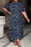 Blue Yellow Floral Print O Neck Short Sleeve Casual Loose Plus Size Maxi T-shirt Dresses