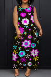 Multicolor African Floral Print Sleeveless O Neck Long Casual Loose Maxi Tank Dresses