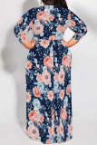 Blue Pink Floral Leaf Print 3/4 Sleeve O Neck Floor Length High Waist Lace Up Vacation Casual Outing Plus Size Loose Maxi Dress