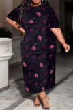 Blue Yellow Floral Print O Neck Short Sleeve Casual Loose Plus Size Maxi T-shirt Dresses