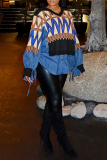 Blue V Neck Lantern Sleeve Belted Denim Patchwork Casual Knitted Sweater Tops