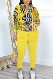 Yellow Graphics Print Hooded Long Sleeve Sweatshirts and Drawstring Pants Sportwear Casual Two Pieces Sweatsuit Sets