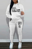 White Coffee Letter Print Hooded Long Sleeve Sweatshirts and Drawstring Pants Sportwear Casual Two Pieces Sweatsuit Sets