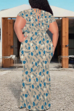 Blue Floral Print V Neck Short Sleeve Lace Up Plus Size Bodycon Maxi Dresses