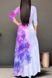 Brown Gradient Floral Print V Neck 3/4 Sleeve Lace Up Summer Outings Vacation Plus Size Loose Maxi Dress
