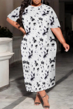 Brown Geometric Stripe Gradient Print O Neck Short Sleeve Casual Loose Plus Size Maxi T-shirt Dresses