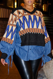 Blue V Neck Lantern Sleeve Belted Denim Patchwork Casual Knitted Sweater Tops