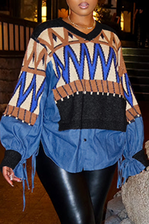 Blue V Neck Lantern Sleeve Belted Denim Patchwork Casual Knitted Sweater Tops