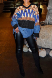 Blue V Neck Lantern Sleeve Belted Denim Patchwork Casual Knitted Sweater Tops