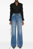 Blue Casual Buttons High Waist Straight Distressed Flare Leg Denim Jeans