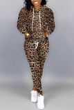Leopard Print Long Sleeve Hooded Sweatshirt and Skinny Pants Casual Sportwear Matching Sweatsuit set