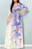 Brown Gradient Floral Print V Neck 3/4 Sleeve Lace Up Summer Outings Vacation Plus Size Loose Maxi Dress