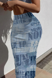 Blue Casual Stripe Letters Faux Denim Print High Waist Skinny Maxi Skirt