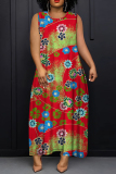 Rose Red African Floral Print Sleeveless O Neck Long Casual Loose Maxi Tank Dresses