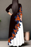 Brown Gradient Floral Print V Neck 3/4 Sleeve Lace Up Summer Outings Vacation Plus Size Loose Maxi Dress