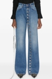 Blue Casual Buttons High Waist Straight Distressed Flare Leg Denim Jeans