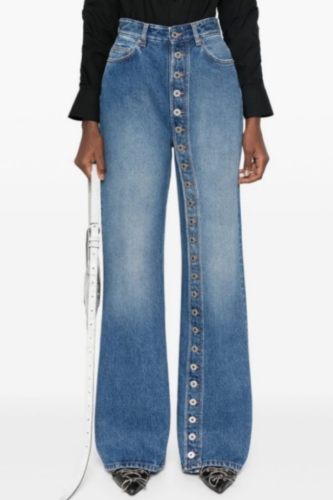 Blue Casual Buttons High Waist Straight Distressed Flare Leg Denim Jeans