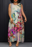 Multicolor African Floral Print Sleeveless O Neck Long Casual Loose Maxi Tank Dresses