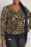 Dark Brown Leopard Print V Neck Casual Outing Fall Winter Sweatshirt