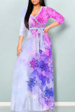 Brown Gradient Floral Print V Neck 3/4 Sleeve Lace Up Summer Outings Vacation Plus Size Loose Maxi Dress