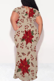 Blue Floral Print V Neck Short Sleeve Lace Up Plus Size Bodycon Maxi Dresses