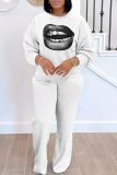 White Brown Casual Graphics Print O Neck Long Sleeve Sweatshirt And Pants Two Pieces Jogger Sets