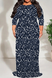 Blue Pink Floral Leaf Print 3/4 Sleeve O Neck Floor Length High Waist Lace Up Vacation Casual Outing Plus Size Loose Maxi Dress