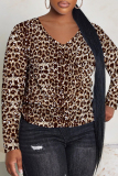 Dark Brown Leopard Print V Neck Casual Outing Fall Winter Sweatshirt