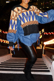 Blue V Neck Lantern Sleeve Belted Denim Patchwork Casual Knitted Sweater Tops