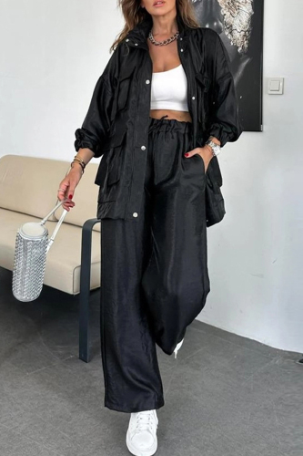 White Zipper Long Sleeve Buttons Pocket Cargo Jackets And Wide Leg Pants Vacation Casual Two Pieces Trouser Sets
