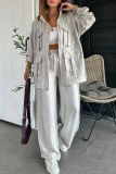 White Zipper Long Sleeve Buttons Pocket Cargo Jackets And Wide Leg Pants Vacation Casual Two Pieces Trouser Sets