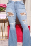Light Blue Casual Distressed Plus Size Ripped Flare Leg Jeans