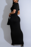 Black Turndown Collar Short Sleeve Casual Outing Long Bodycon Maxi Dresses