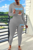 Black Letter Print Long Sleeve Hooded Sweatshirt And Draw String Skinny Pants Casual Sportwear Two Pieces Jogger Sets