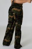Camouflage Print Pocket High Waist Casual Straight Wide Leg Cargo Pants