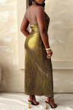 Gold Deep V-Neck Sleeveless Backless Side Zip High Slit Night Out Halter Metallic Maxi Dress