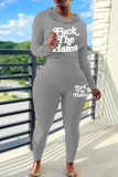 Black Letter Print Long Sleeve Hooded Sweatshirt And Draw String Skinny Pants Casual Sportwear Two Pieces Jogger Sets