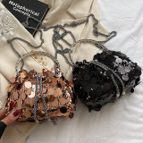 Silver Sequin Chain Drawstring Bucket Evening Party Mini Glitter Crossbody Bag