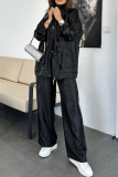 White Zipper Long Sleeve Buttons Pocket Cargo Jackets And Wide Leg Pants Vacation Casual Two Pieces Trouser Sets