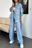 White Zipper Long Sleeve Buttons Pocket Cargo Jackets And Wide Leg Pants Vacation Casual Two Pieces Trouser Sets