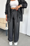 White Zipper Long Sleeve Buttons Pocket Cargo Jackets And Wide Leg Pants Vacation Casual Two Pieces Trouser Sets