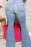 Light Blue Casual Distressed Plus Size Ripped Flare Leg Jeans