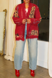 Red Long Sleeve Knitted Cardigan Pocket Casual Fall Winter Sweater Outerwear