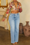 Multicolor Jacquard Turndown Collar Long Sleeve Buttons Vacation Casual Crop Jackets